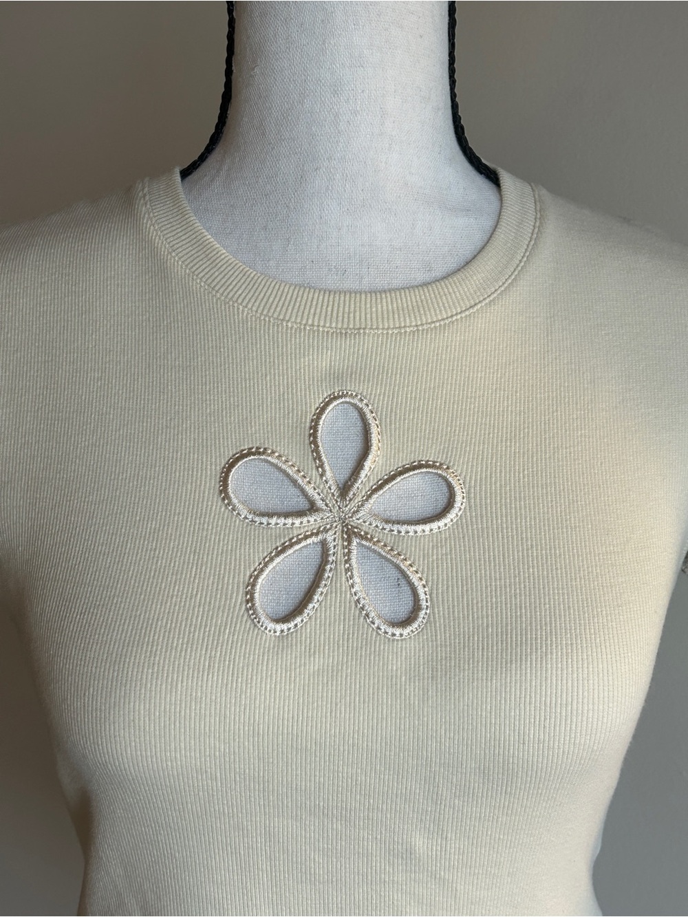 aLAB Cream Floral Cutout Ribbed Baby Tee Y2K Coquette